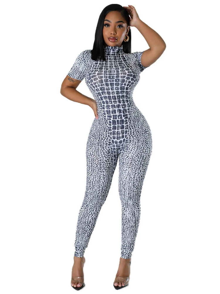 Printed Jumpsuit New Tight And Sexy Short Sleeved High Necked Casual And Sexy Fashion Women\'s Jumpsuit Long Pants