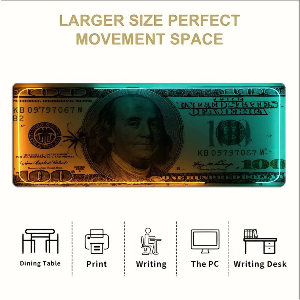 Neon Glow 100 Dollar Bill Large Gaming MousePad Non-Slip Rich Money Cash Aesthetic Desk Mat Hip Hop Luxury Extended XXL Mousepad