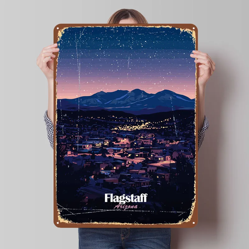 Vista nocturna del bastidor de bandera, Mural artístico de pared, carteles de Metal de Arizona, cartel de paisajes urbanos, letrero de hojalata personalizado Retro para decoración de arte de pared