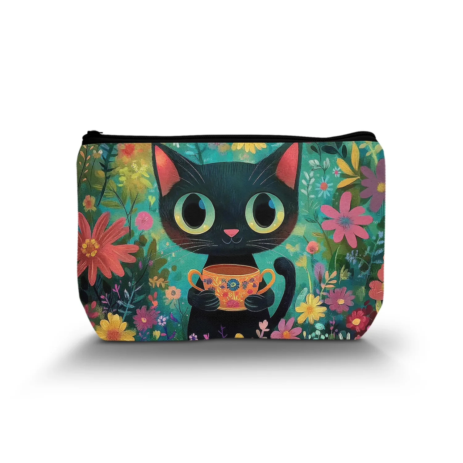 1Pc Elegant Cat Drinking Coffee Cosmetic Bag Durable And Stylish With Zipper Portable Ladies Cosmetic Bag Suitable For Outdoor