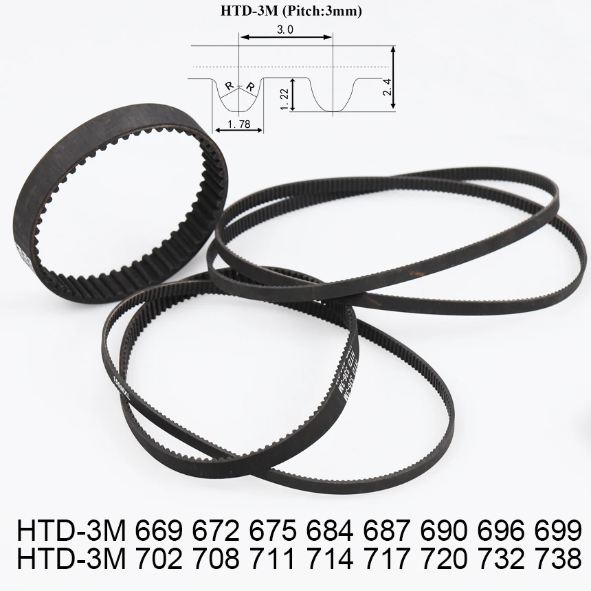 HTD-3M 3M 669 672 675 684 687 690 696 699 702 708 711 714 717 720 732 738 Rubber Cogged Curved ARC Teeth Synchronous Timing Belt