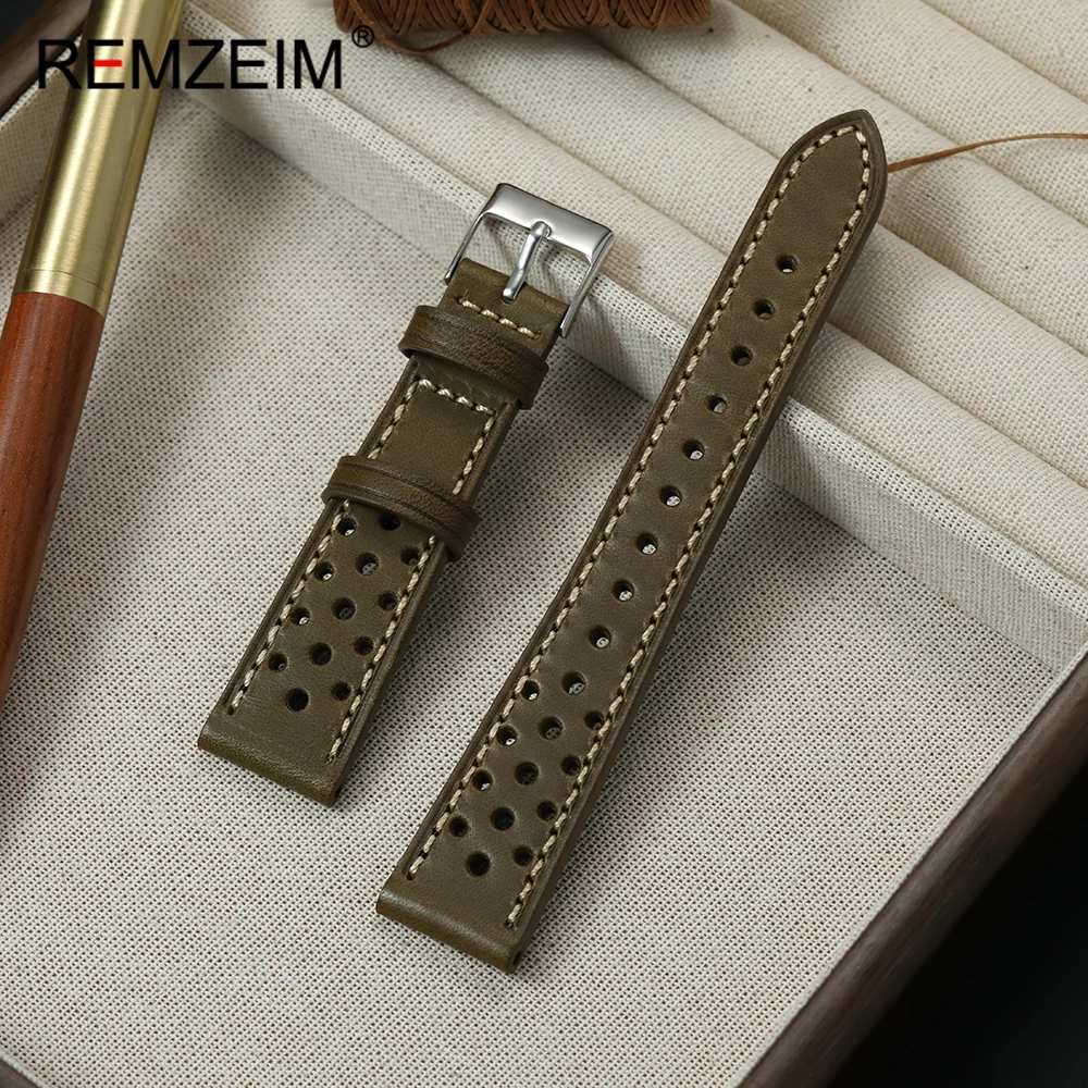 Pulseira de couro artesanal vintage, design respirável, 20mm 22mm, substituição universal, pulseira de relógio de pulso