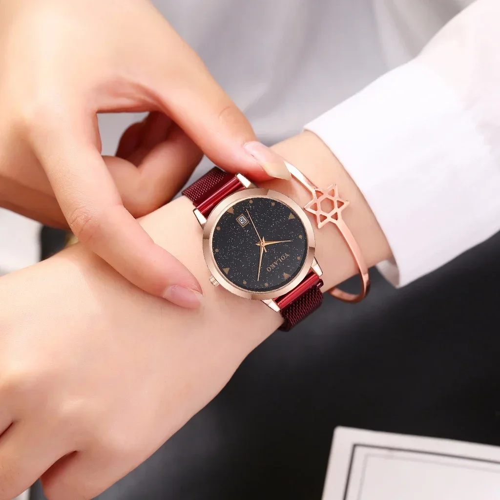 カレンダー付き女性用マグネットバックルスターリースカイウォッチ、女性用ステンレススチールクォーツ時計、高級ブランド