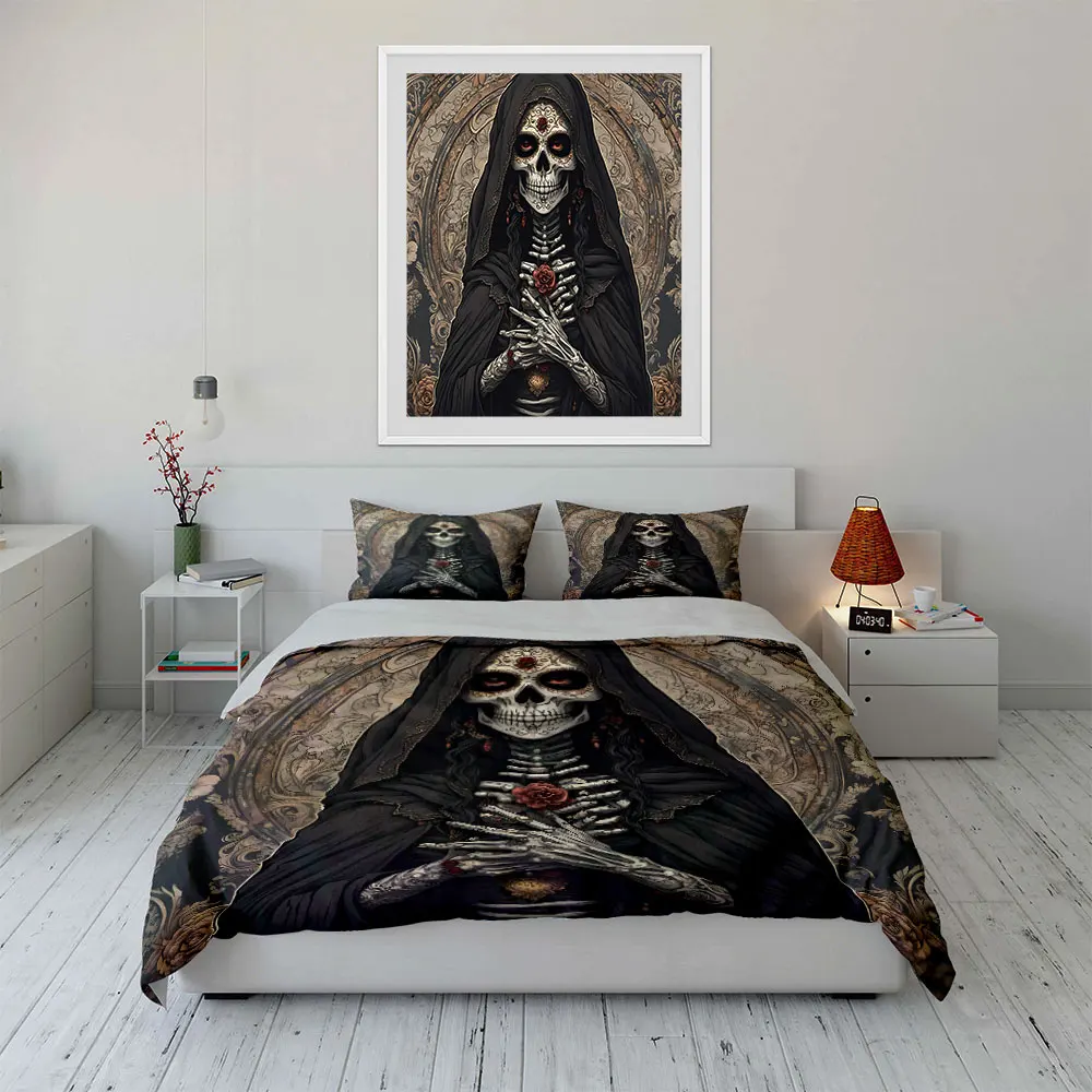 Dark Death Saint and Rose Pattern Duvet Cover Set Digital Print Colorful Polyester Bedding with Zipper Closur for kids gifts