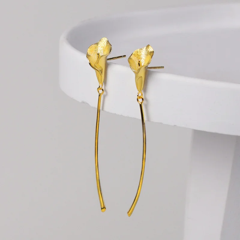 GEEZENCA Lovely 925 Silver Gold Plated Calla Lily Dangle Earrings For Women French Style Elegant Flower Drop Earring Female Gift