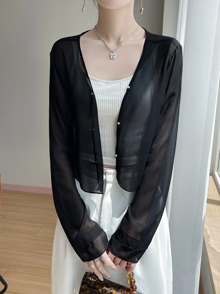 

Ультратонкий кардиган из ацетата во французском стиле, женская верхняя одежда с ремешком, легкий летний топ, Новое поступление 2025 г.