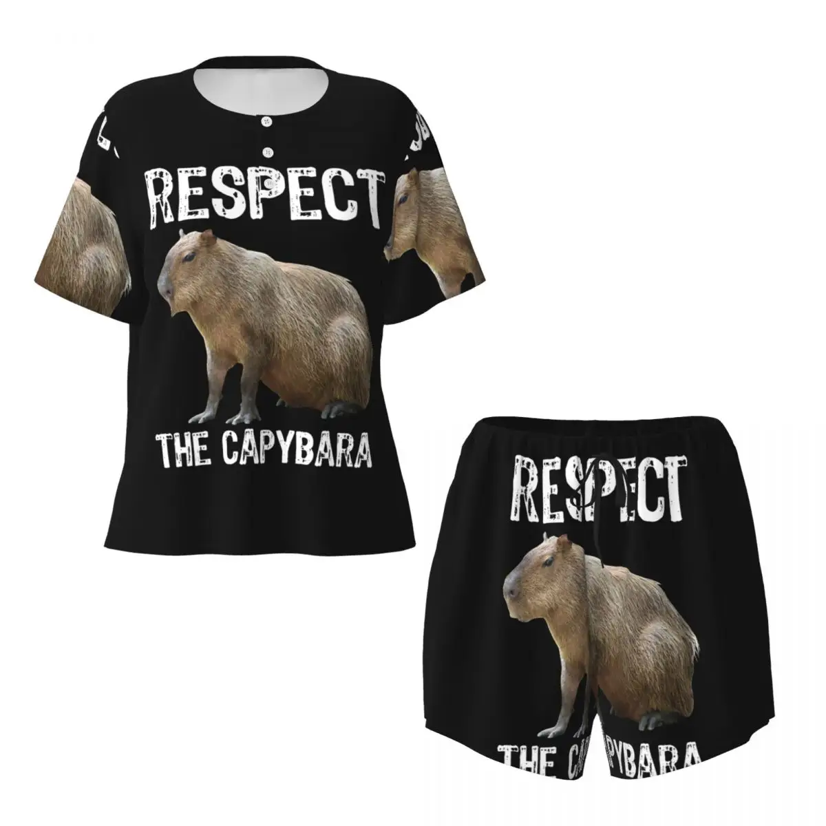 Women Respect The Capybara Funny Rodent Capibara Pajamas Set Custom Printed Two-piece Pj Sets Short Sleeve Sleepwear Loungewear