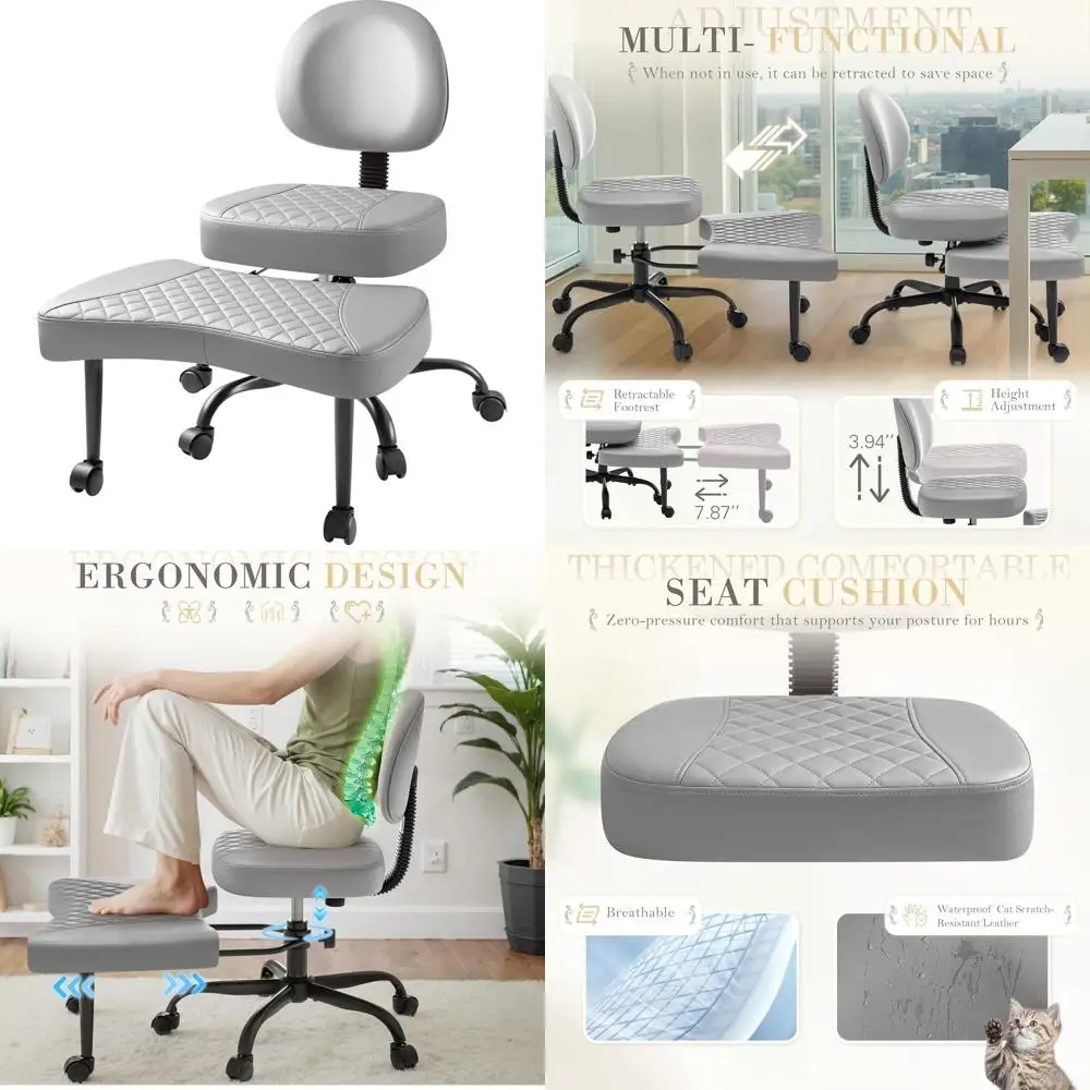 

Ergonomic Swivel Kneeling Chair with Adjustable Height and Footrest, Ideal for ADHD, Yoga, Meditation, and Home Office (Leather,
