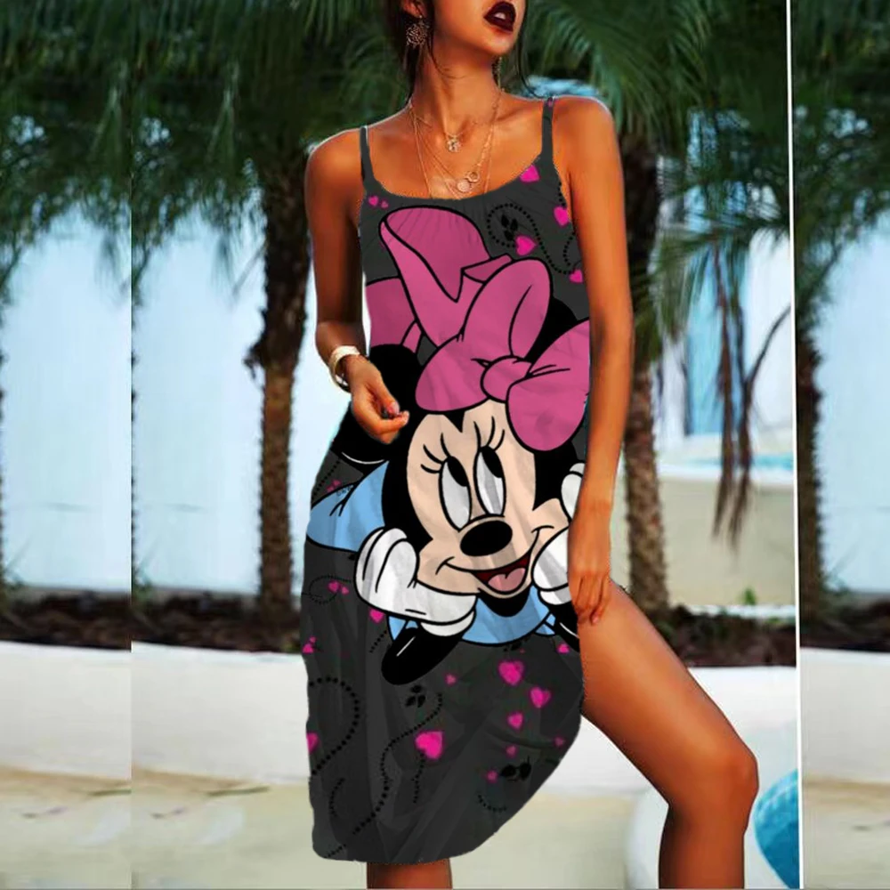 

Women's Beach Dresses Disney-Mickey Minnie Dresses for Women 2024 Summer Fashion Sling Print Sexy Skinny Seaside Casual Oversize