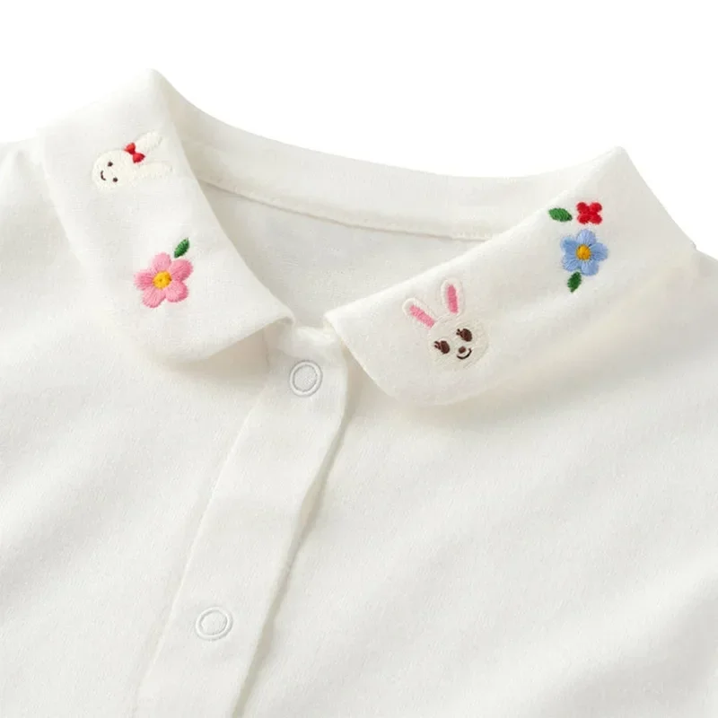 Japanese Children\'s Clothing Spring And Autumn Boys And Girls Flowers Bear Embroidery Lapels Long Sleeves White Shirt Underneath