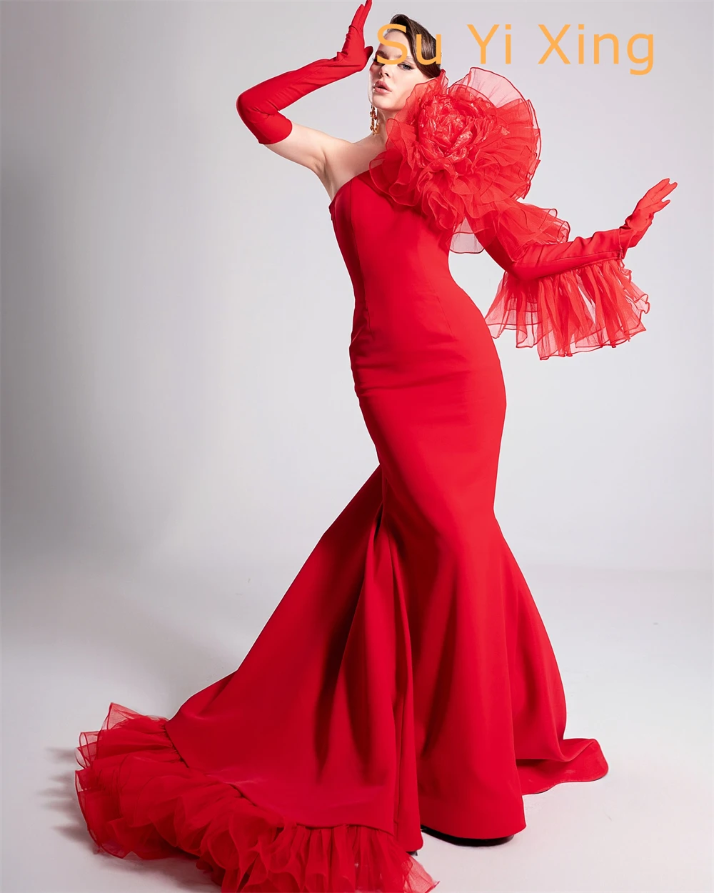 تخصيص حورية البحر حساسة الأحمر جيرسي مساء اللباس رائعة حمالة طويلة الأكمام حزب اللباس أزياء مستقيم Pr #5