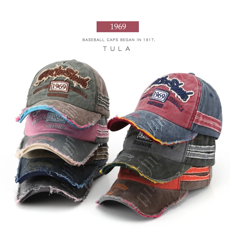 Trendy Male Personality Female Sunshade Baseball Cap Hat 1969 Retro Washed Old Letter Embroidery Ripped Cap Hats for Men