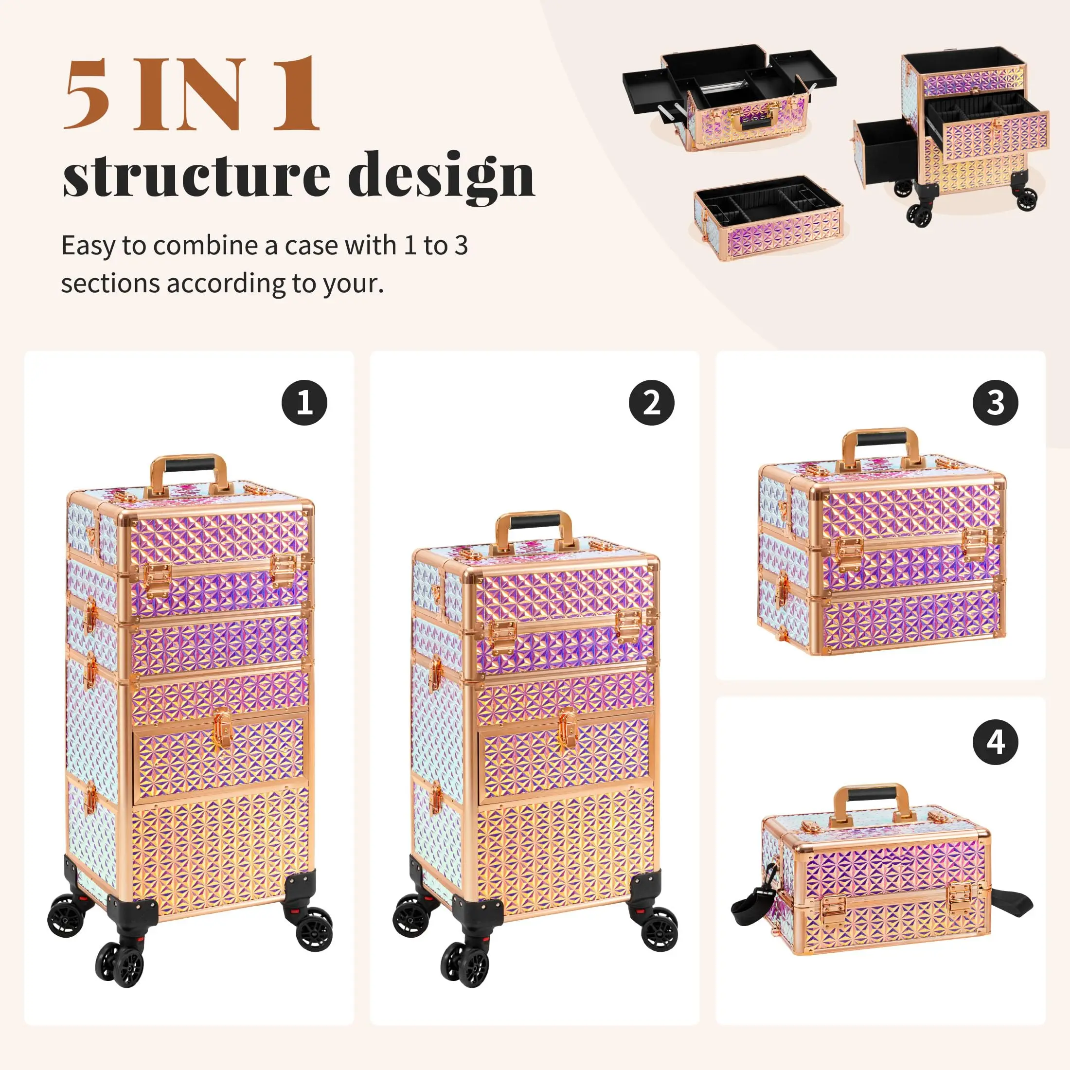 กระเป๋าเครื่องสำอางแบบมีล้อพร้อมลิ้นชัก 3 ชั้น สำหรับช่างแต่งหน้าและช่างทำเล็บ