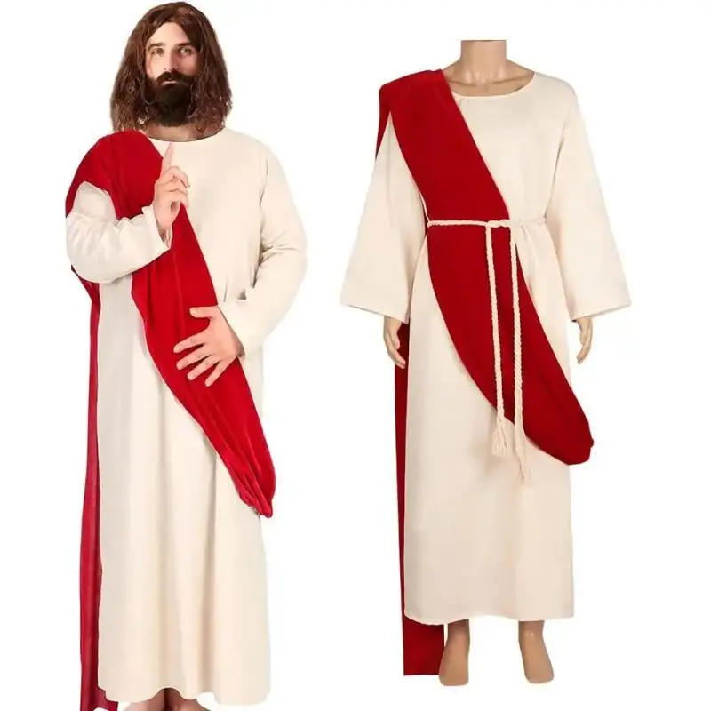 Herren Jesus Christus Cosplay Komplett-Kostümset Jesus-Robe mit Perücke und Bart für Halloween-Bühnenauftritte und Faschingsverkleidungen