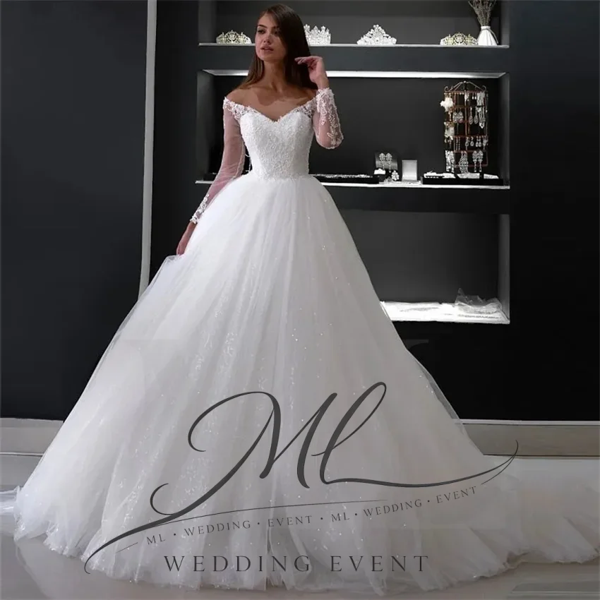 ML Customized Sparkly Sequins Wedding Dresses Sweetheart Long Sleeves Bridal Gowns Princess A Line Bride Dress Vestido De Novia