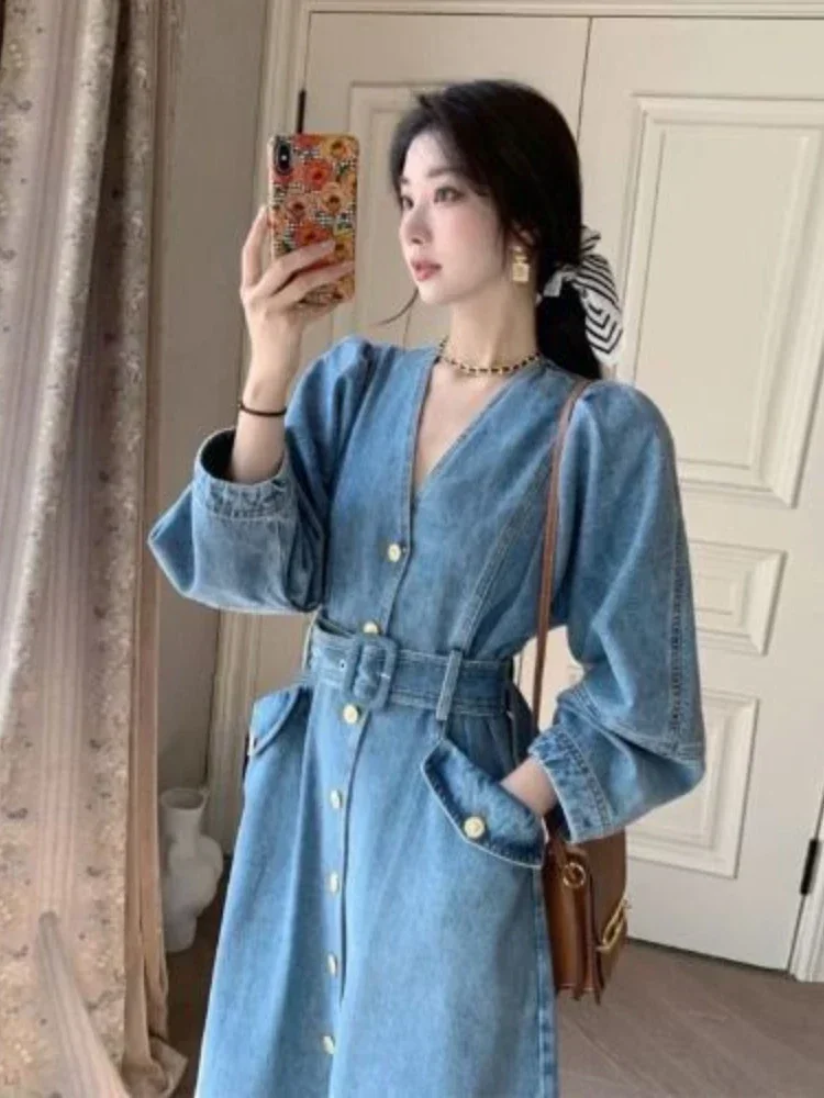 

Dresses for Women 2023 Autumn V-Neck Temperament Cowboy Dresses LOOSE Solid Robe Korean Fashion Versatile A-line Long Dress