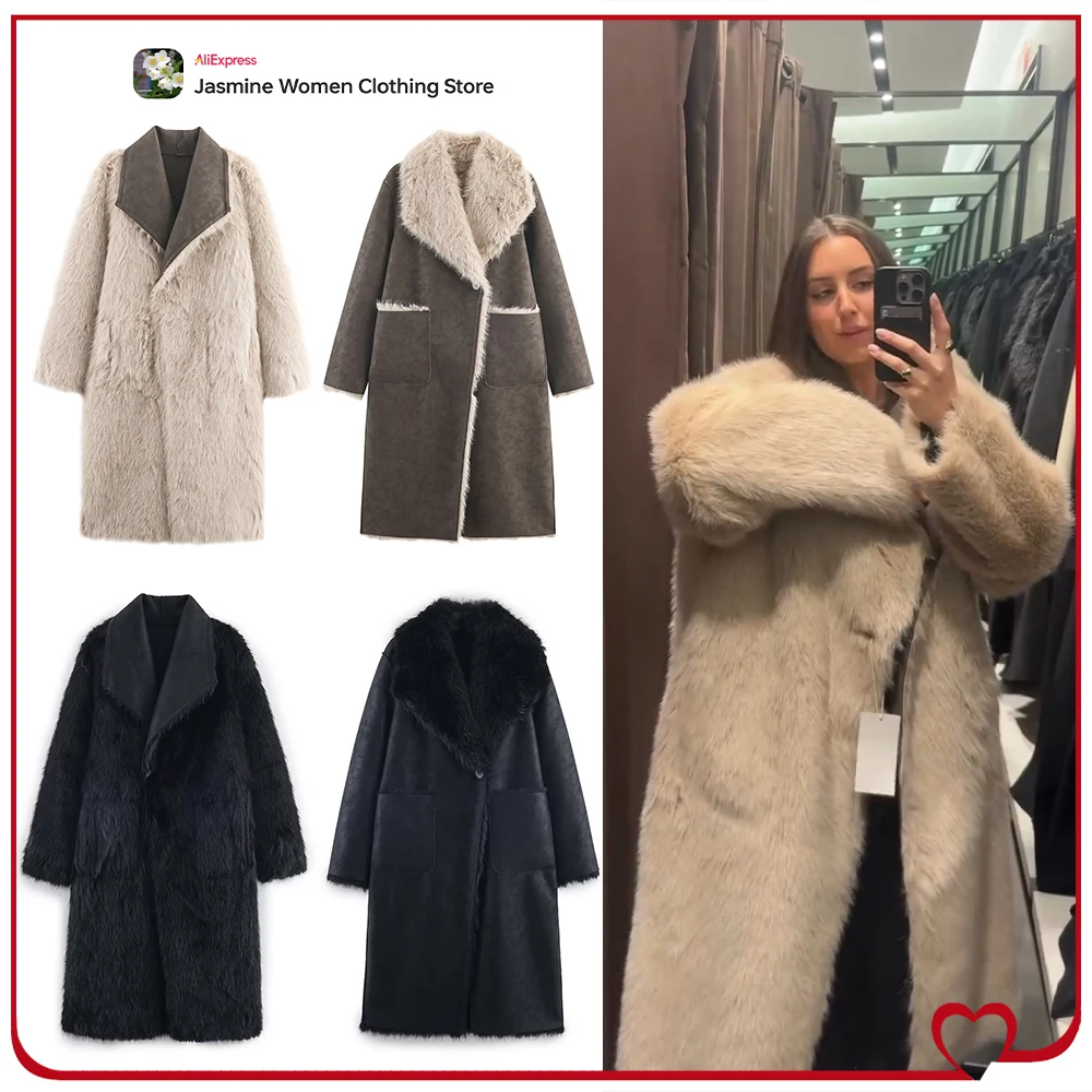 

Женское стильное длинное двустороннее двустороннее пальто из искусственного меха с карманом, элегантный воротник с лацканами, двубортная зимняя верхняя одежда на пуговицах