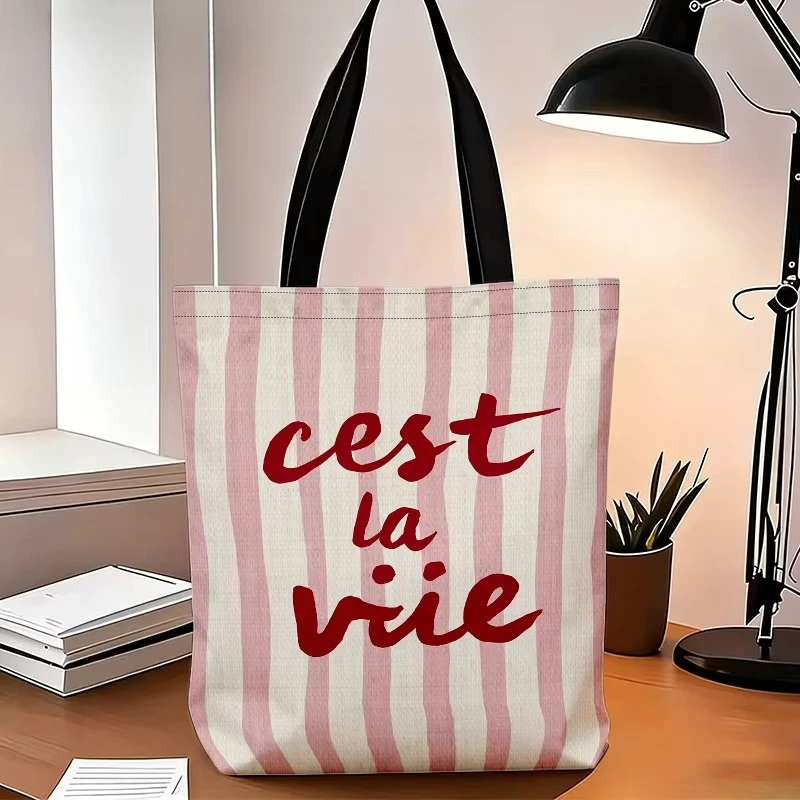 French Quote Canvas Tote Bag Pink Beige Vertical Stripe Pattern Aesthetic Ladies Daily Shoulder Shopping Bag