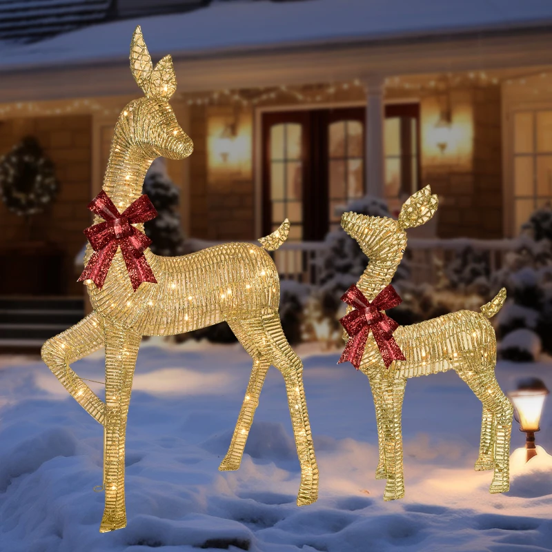 Beleuchtete Weihnachtsdekoration, Elchfamilie – leuchtender Elch, 2 Set mit 135 Lichtern, Garten-Dekorationsset für den Außenbereich, golden, 2 Hirsch