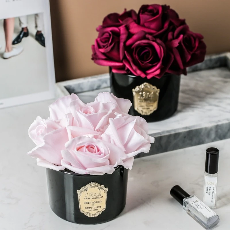 Artificial Flower and Glass Vase and 10ml Aroma Oil, Silk Rose Flower Glass Bottle Set For Wedding, Hotel Banquet, Home Decor