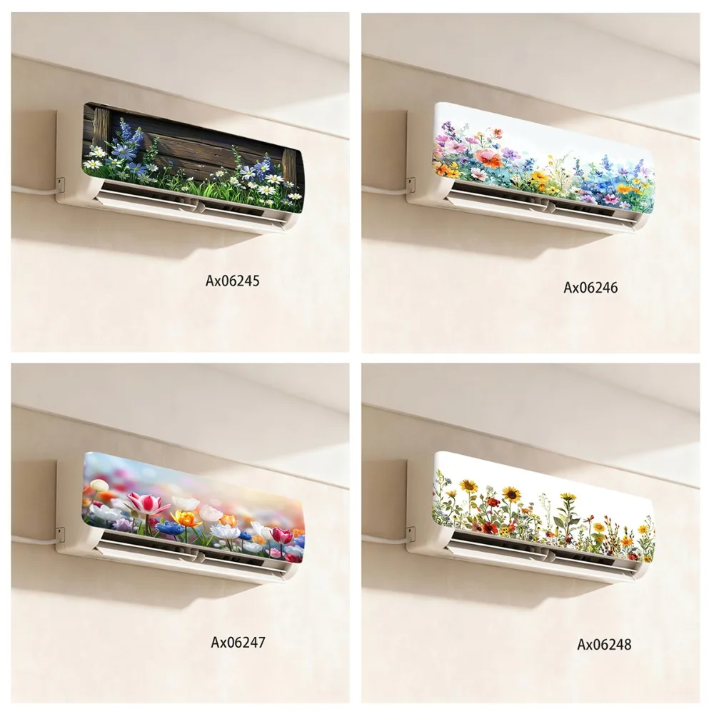 Fresh Wildflower Meadow Air Conditioner Sticker Self-Adhesive Full Cover Floral AC Decal for Bedroom Living Room Decoration