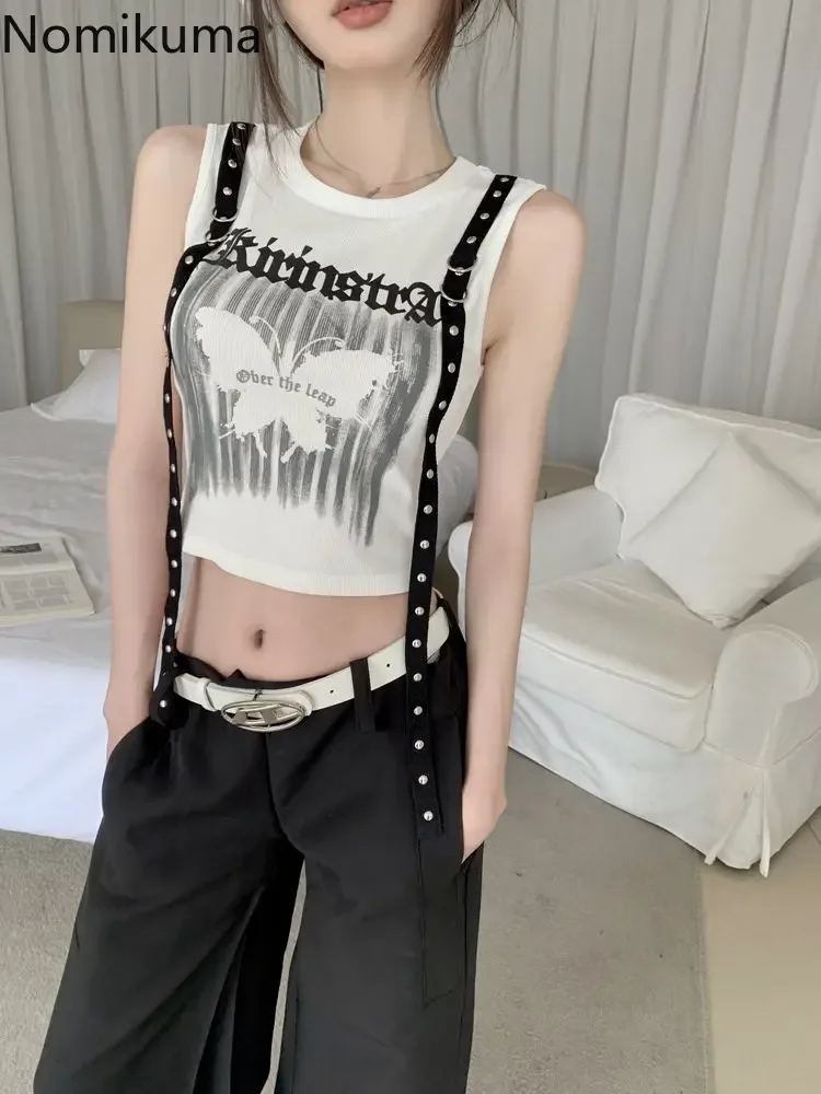 Women Clothing Harajuku Tshirts Sleeveless Tunic Black Tees 2023 Ropa Mujer O-neck Casual Y2k Tops Letter Summer Crop T Shirt