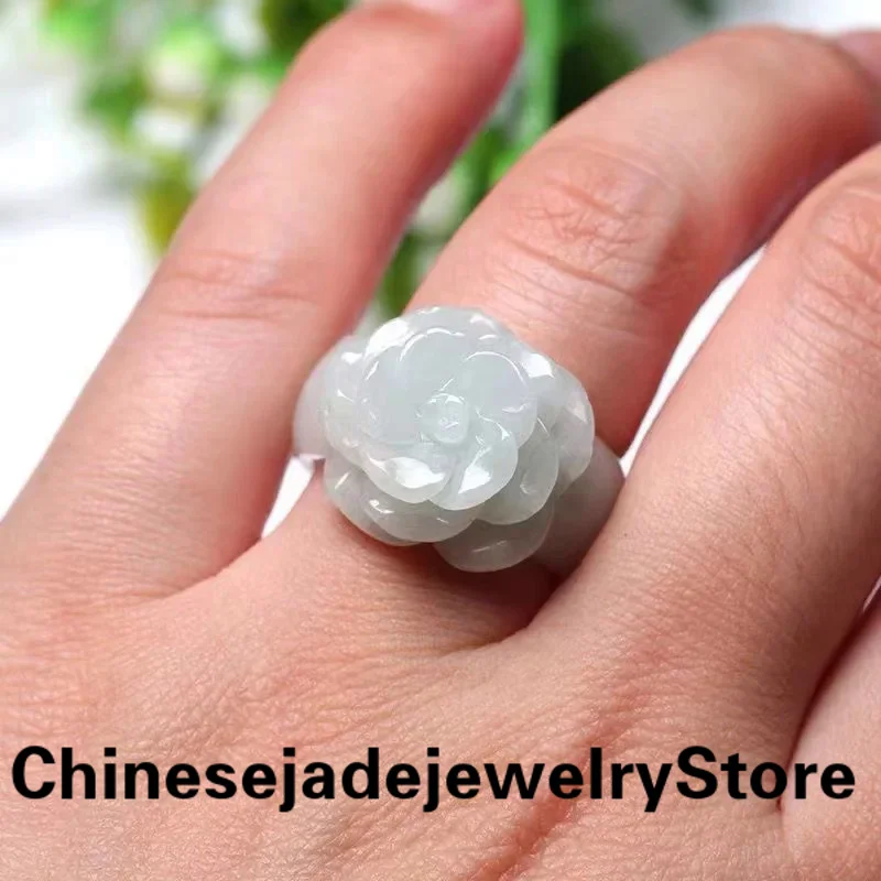 

Flower Ring Natural-Jade Women Jewelry Genuine Burma Jades Stone Emerald Rose-Ring Real Jadeite Handrings Fine Jewellery