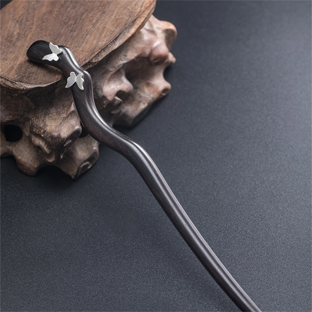 New 100% S925 Pure Silver Women\'s Men Retro Hairpin Ebony Wood Literary Butterfly Chinese style Hanfu Hair Accessories Jewelry