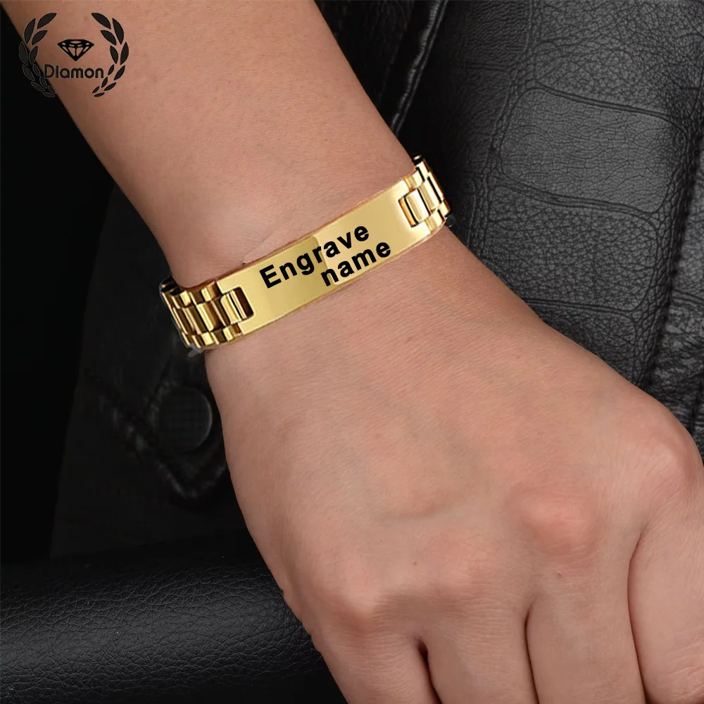 Diamon Personalized Custom Name Date Engrave Bracelet Stainless Steel Thick Watch Bar Chain Bangle Punk for Men Jewelry Gift