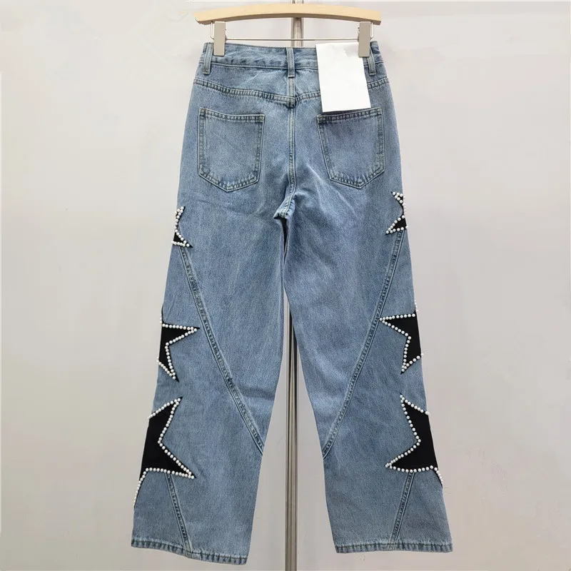 ANJY Autumn New Women European High Street Star Embroidery Beading Elegant Jeans Slimming Casual Versatile Straight Pants A17560