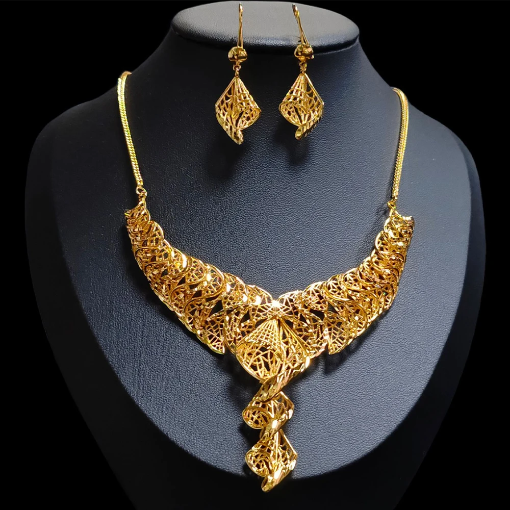 

Dubai Jewelry African Set Earring Necklace Gold Color Jewelry Women Party Wedding Gift Classics Drop Earrings 2pcs Sets Hot Sale