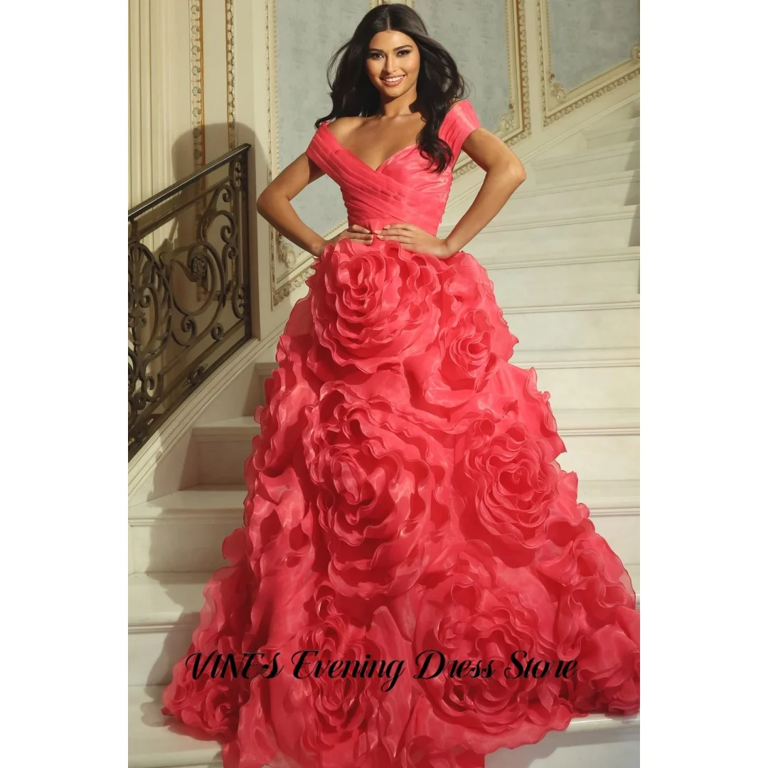 

VINES Elegant Hot Pink Prom Dress Off Shoulder 3D Rose Organza Evening Dress Floor Length Formal Gown فساتين الحفلات Customized