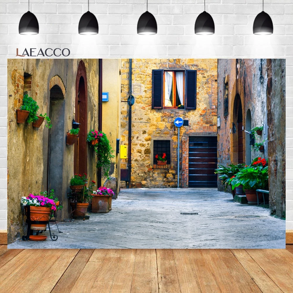 Laeacco Europe City Street Backdrop Brick Wall Houses Tuscan Medieval City Family Interior Adult Portrait Photography Background