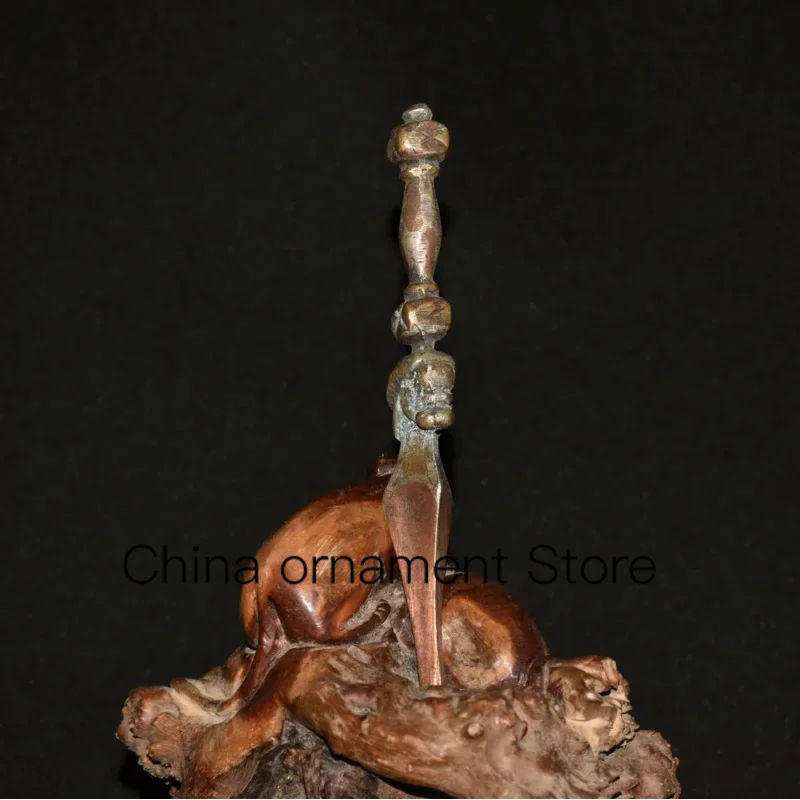 

6"Tibetan Temple Collection Old Bronze Gilded Skull Head Beast Head Dorje Vajra Phurpa Pendant Amulet Dharma Town house