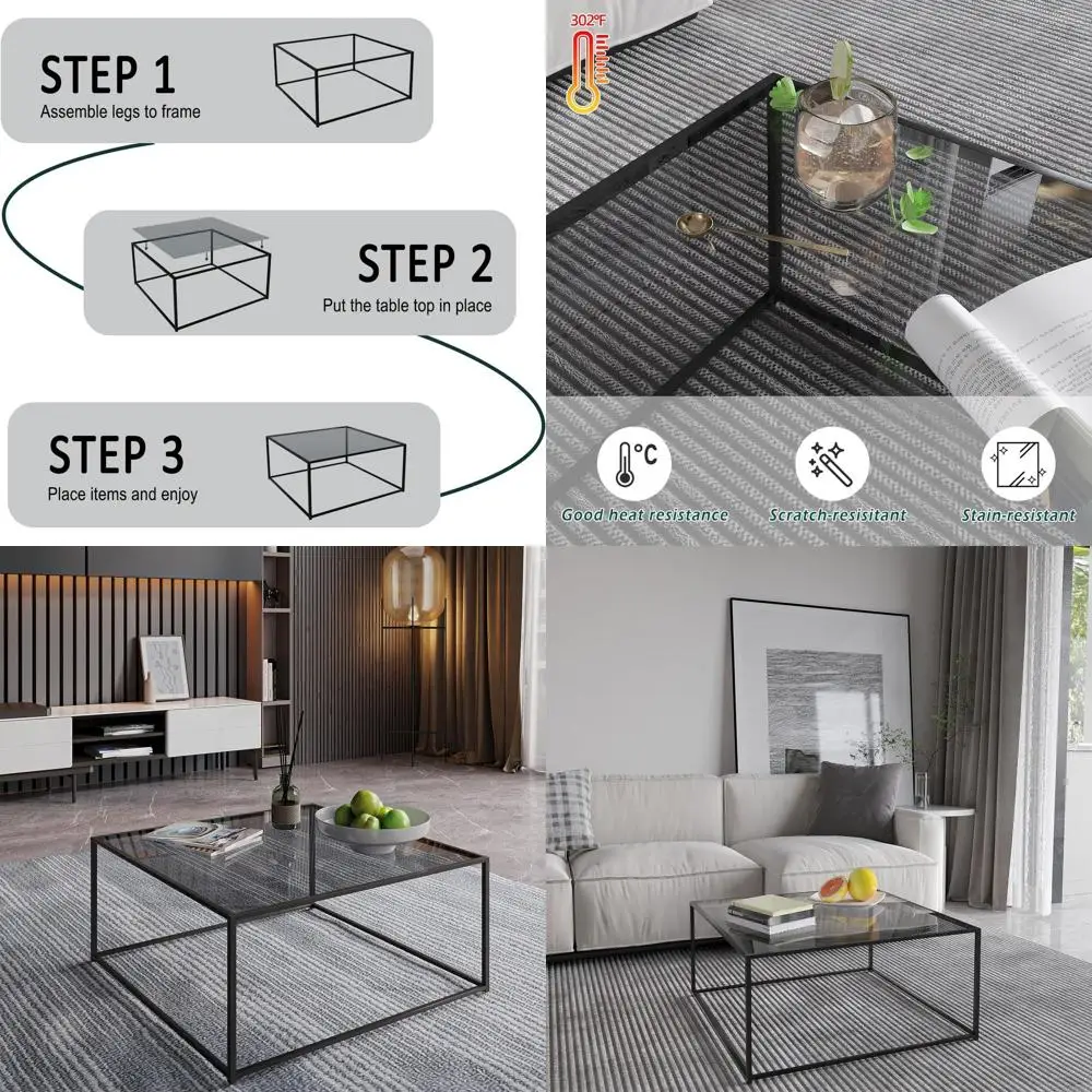 

Stylish Tempered Glass Coffee Table for Small Spaces - Metal Frame, Easy Assembly, 26.4x26.4x15.7, Gray Black