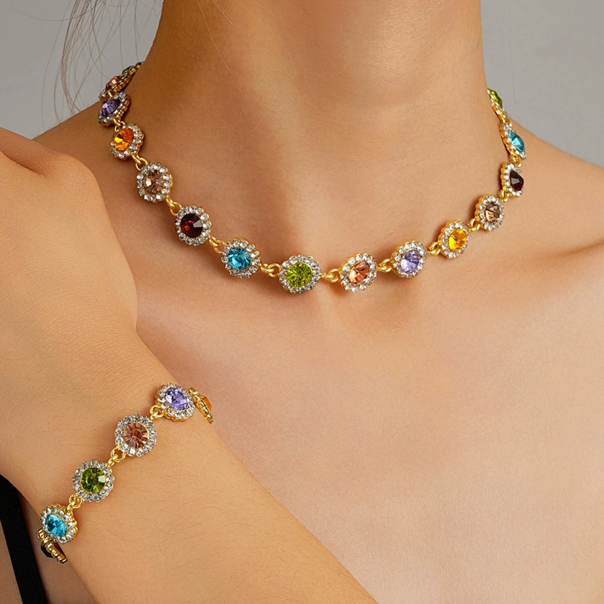 Korean Colorful Crystal Choker Necklace Bracelet for Women Sparkly Rhinestone Clavicle Chain Bracelet Fashion Jewelry