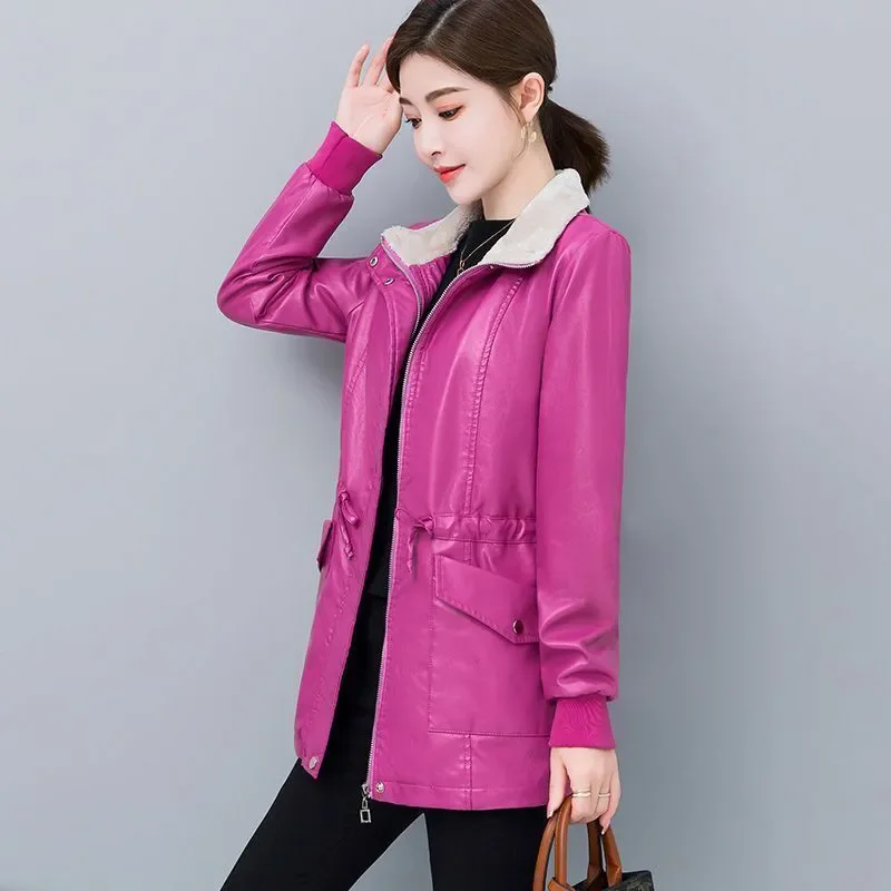 세련된 캐주얼 가죽 트렌치 코트 자켓 오버 코트 여성 플러스 벨벳 Thicke 따뜻한 파카 겨울 코트 새로운 느슨한 레이스 업 자전거 의류