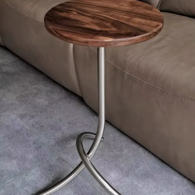Mid Century Black Walnut Stainless Steel Mini Round Side Table for Balcony