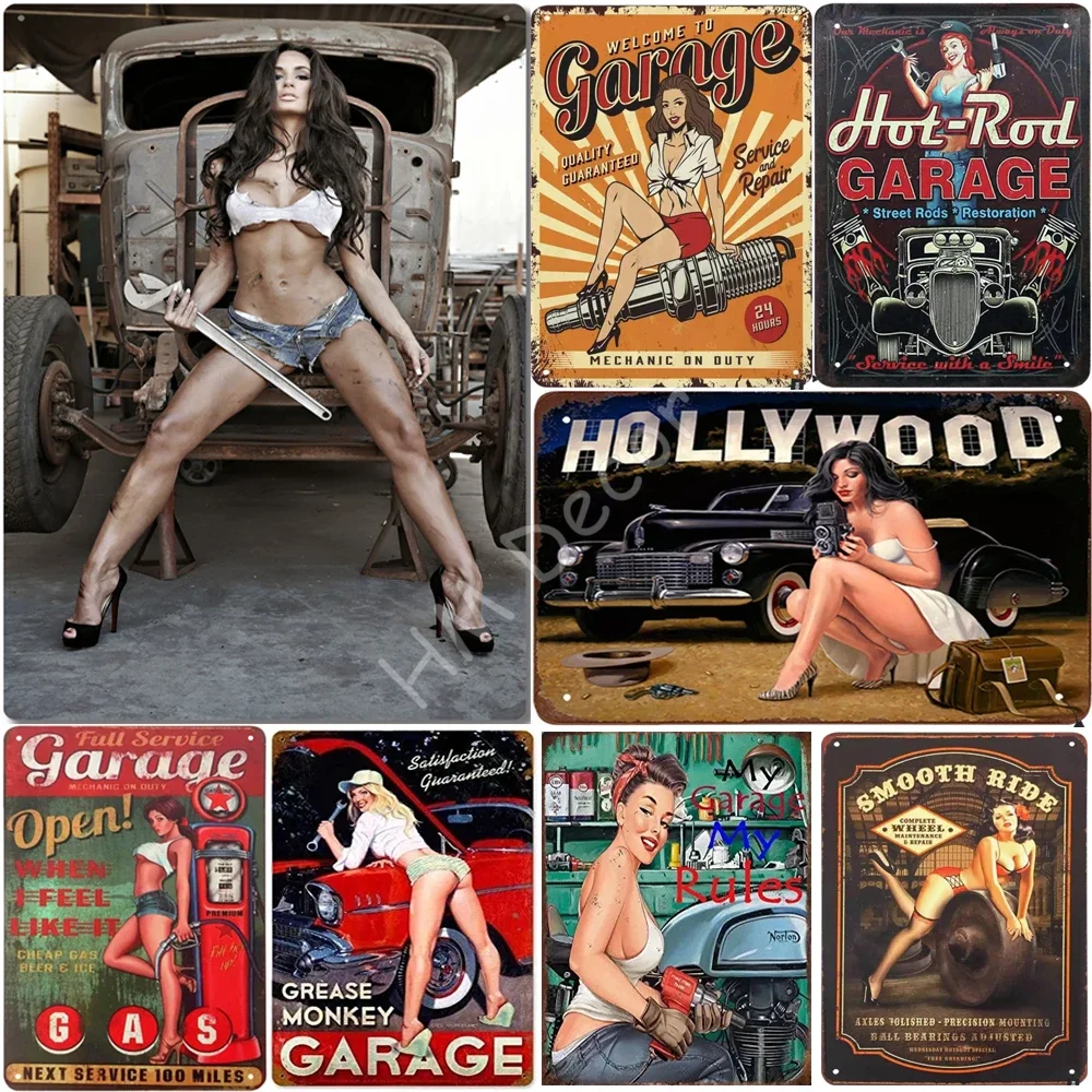 Tin Painting Big Wrench Pin up Girl Auto Shop Garage Signs Metal Sign Metal Plaque Home Decorative Iron Signs Wall Decor