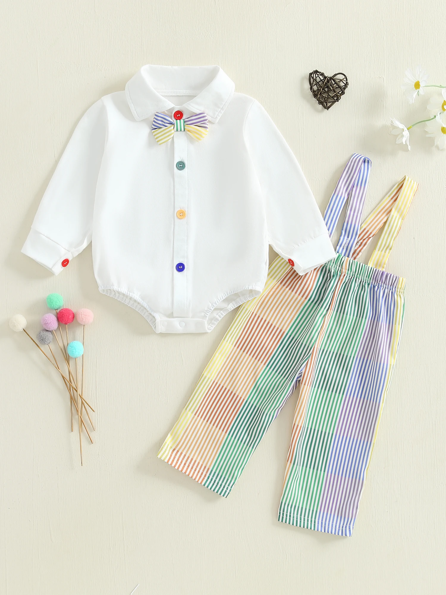 

Baby Boy Formal Wear Set with Button-Up Shirt Romper Bow Tie and Striped Suspender Pants - Gentleman Outfit for Toddlers