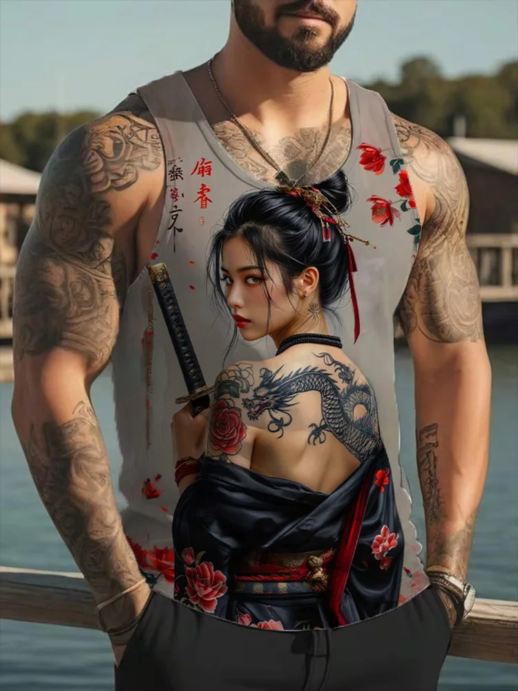 Men's Japanese Samurai Girl Tattoo Graphic Tank Top Red Dragon Print Sleeveless Casual Summer thin and quick drying Vest