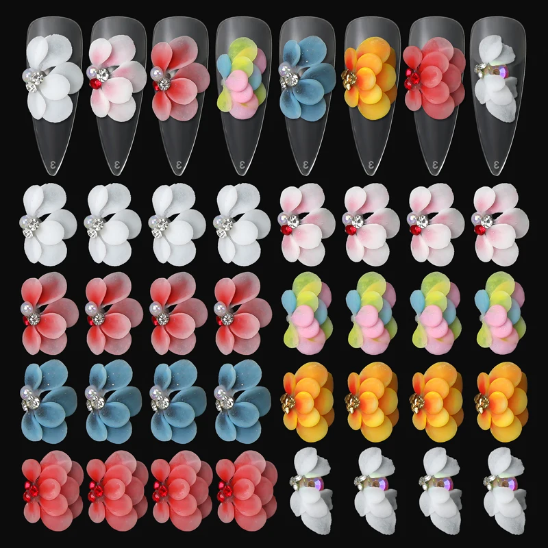 8pcs Handmade 100% Real Acrylic Flower Nail Decorations White Multi Color Nail Art Flowers Charms for DIY Nails Parts