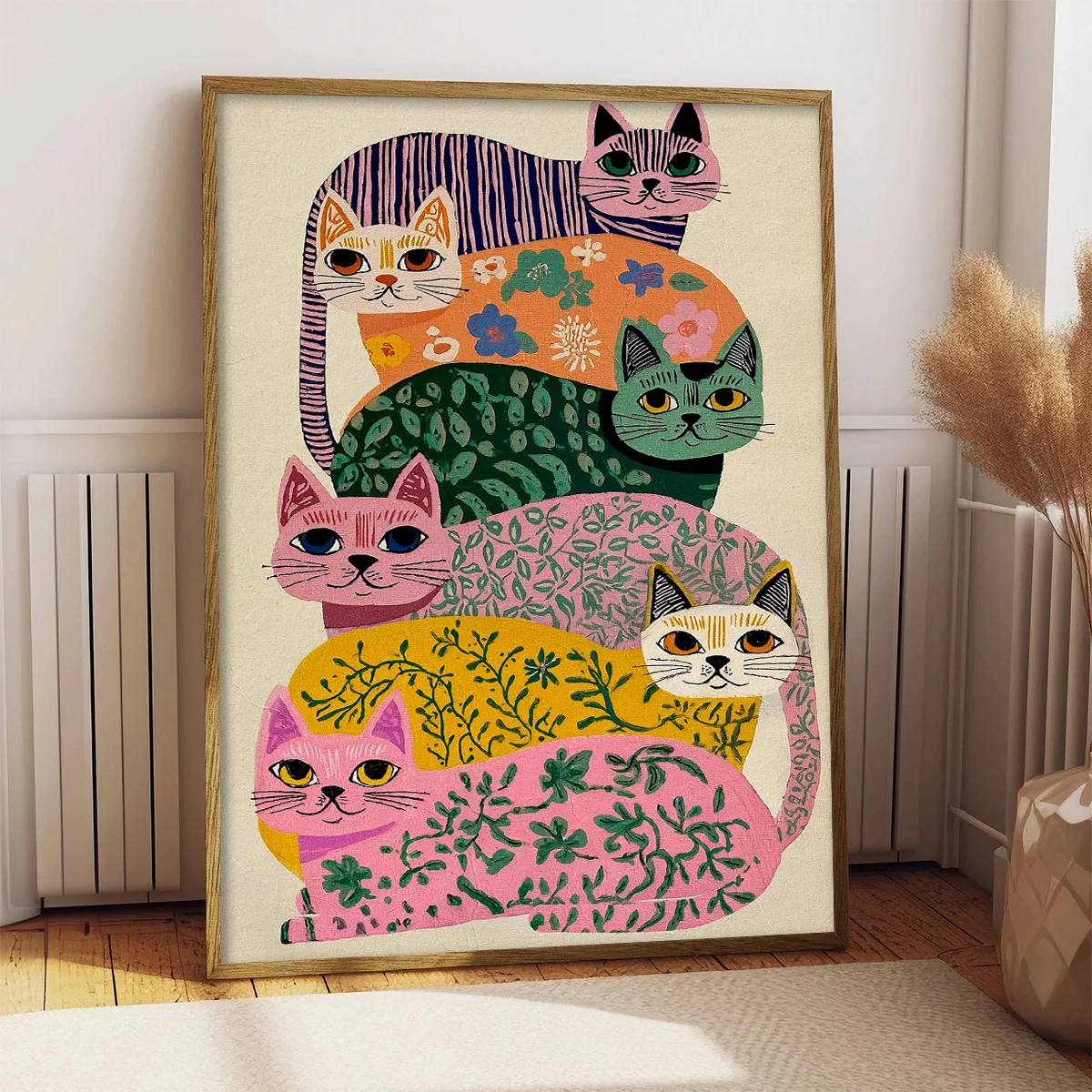 Mid-Century Modern Cat Wall Art - Vertical Whimsical Floral Vertical Cat Poster, Retro Art print Suitable for Bedroom, Office,-