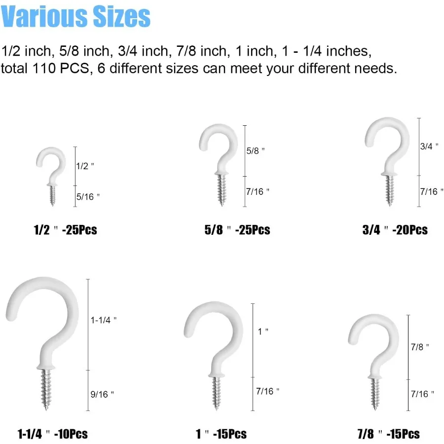 مجموعة خطافات الأكواب 110 قطعة 6 أحجام حامل خطافات السقف المطلي بالفينيل للمكتب المنزلي وأماكن العمل باللون الأبيض 1 2 "5 8" 3 4 "7 8" 1 "11 4"