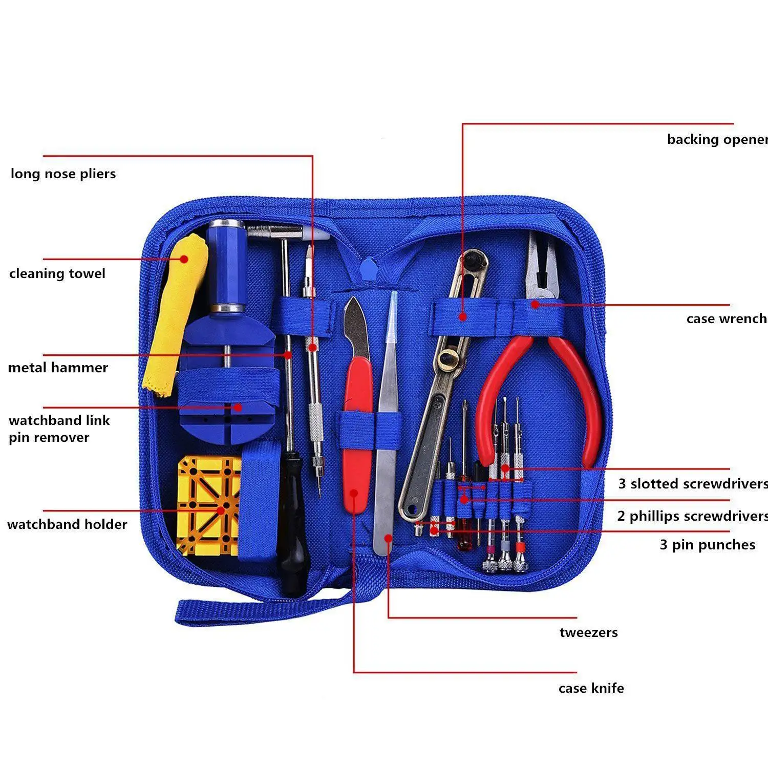 Kit de Réparation de Montre Professionnelle, Ensemble d'Outils à exacpilles de Liaison avec Étui de Transport (Bleu), 17 Pièces