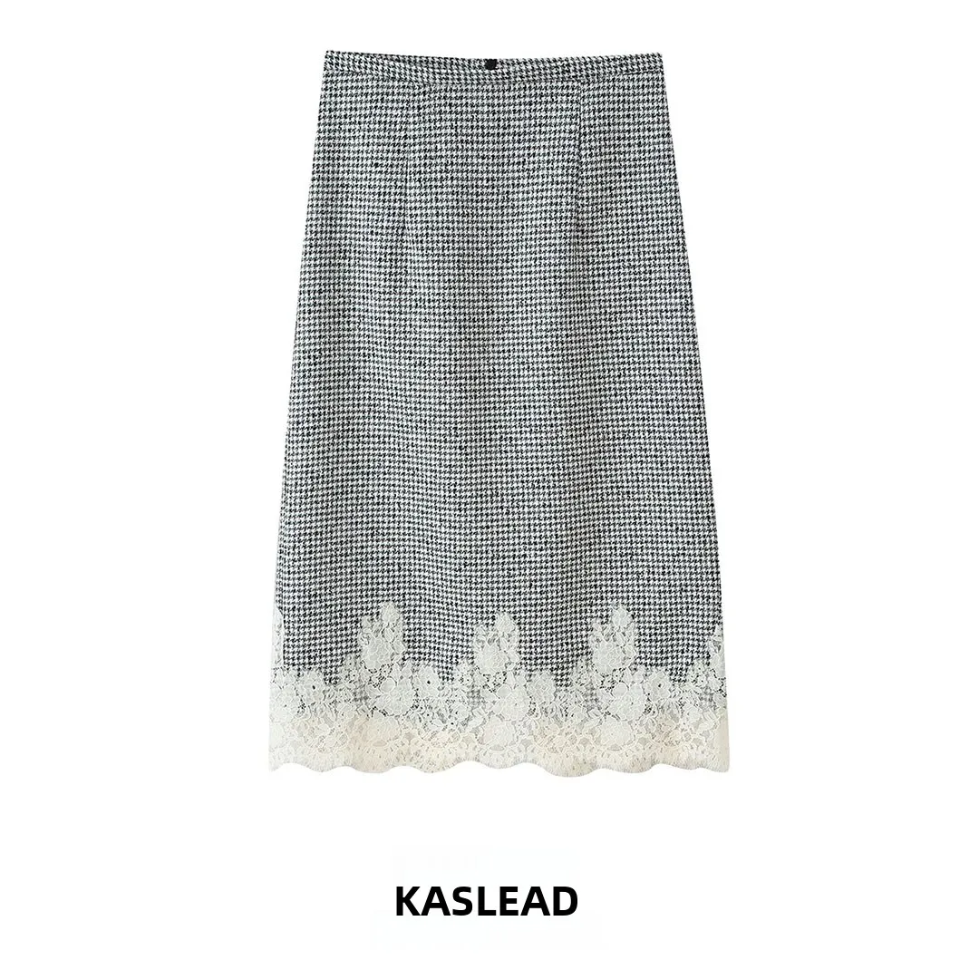 KASLEAD New Women's Midi Skirt Lace Patchwork Straight Standard Fit Polyester Fiber 100% mid Waist Design Autumn Season