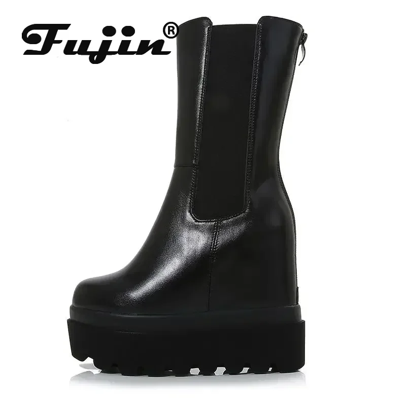 Fujin 12cm Women Genuine Leather Wedge Ankle Boots Autumn Hidden Heel Spring Chelsea Ethnic Platform Warm Winter Plush Shoes