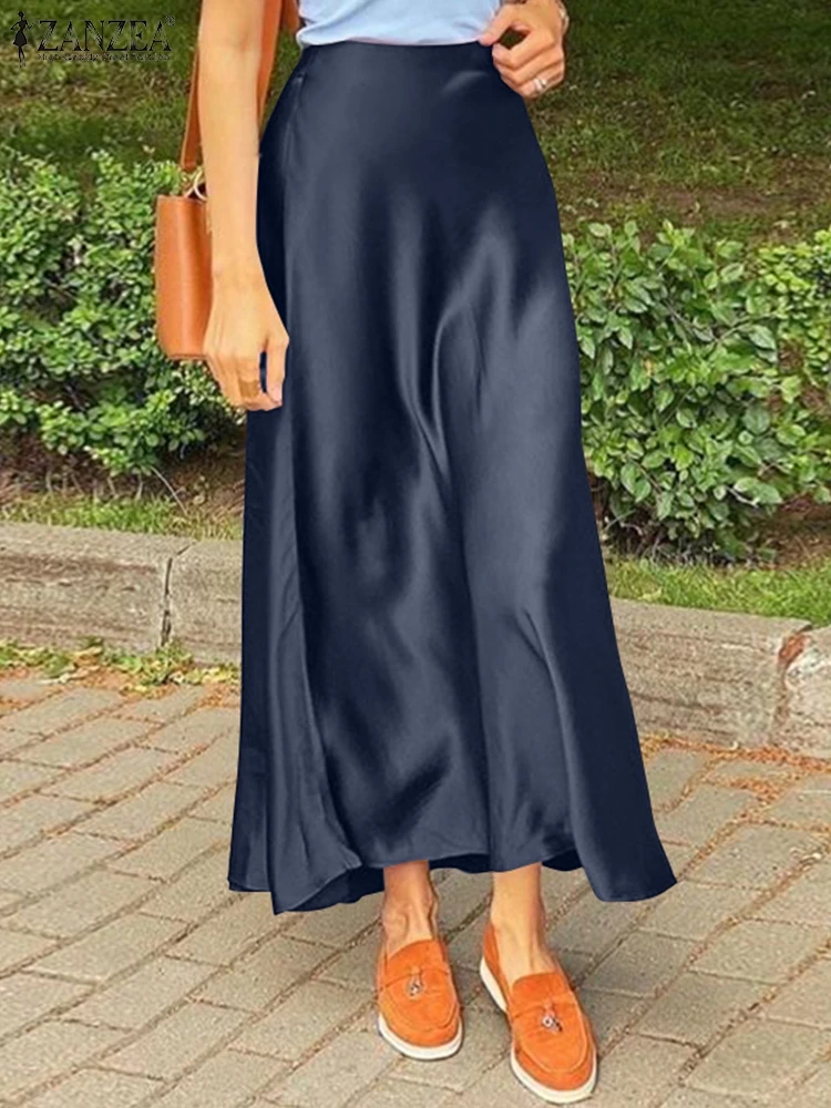 2025 ZANZEA Elegant Satin Silk Long Skirts Women Stylish High Waist Work Skirt Casual Solid Faldas Saia Female OL Jupe Oversize