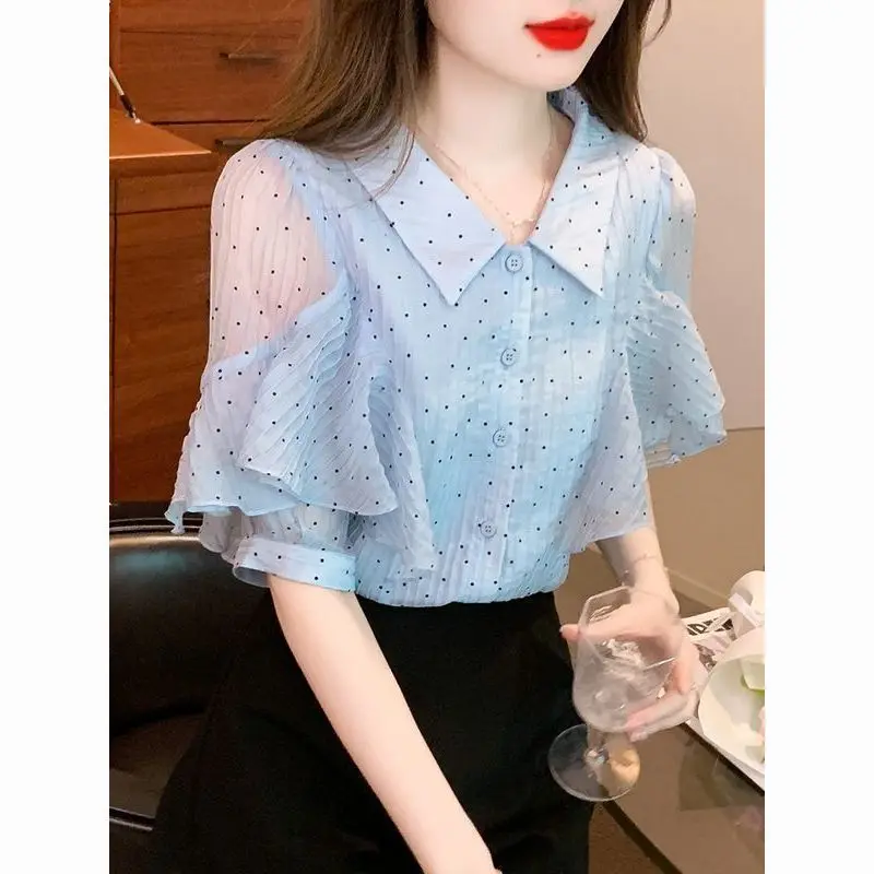 

Summer Woman Blouse Short Sleeve Sweet Loose Bright Colors Youth Lively Elegant Puff Sleeve Fashionable Perspective Polo-neck