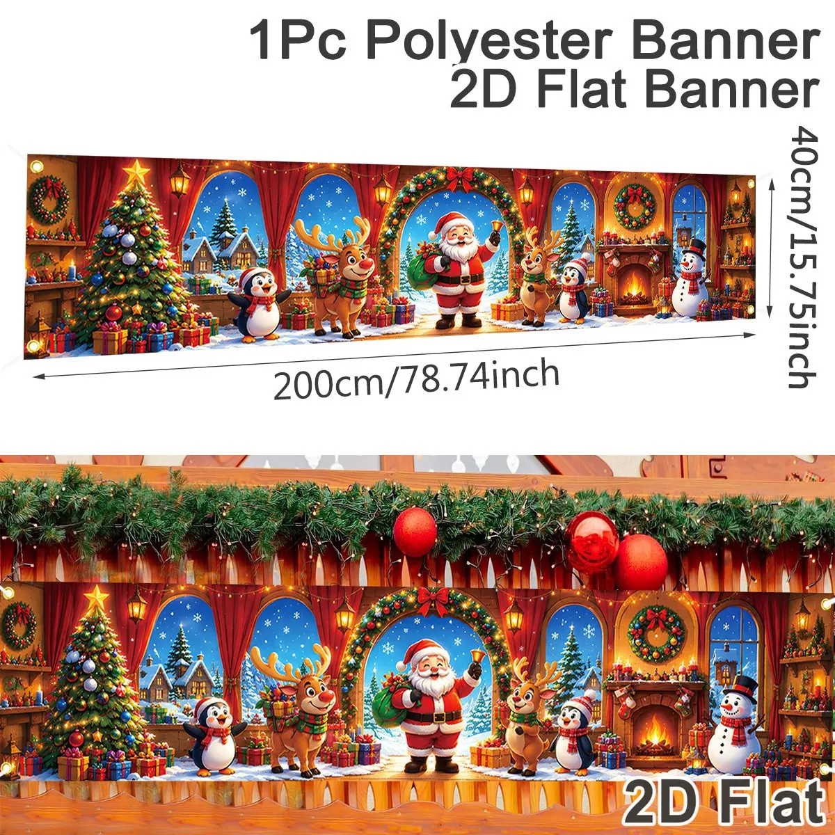 Christmas Banner 200*40cm Santa Claus Reindeer Print Polyester Backdrop Indoor Outdoor Home Party Decor Christmas Decorations